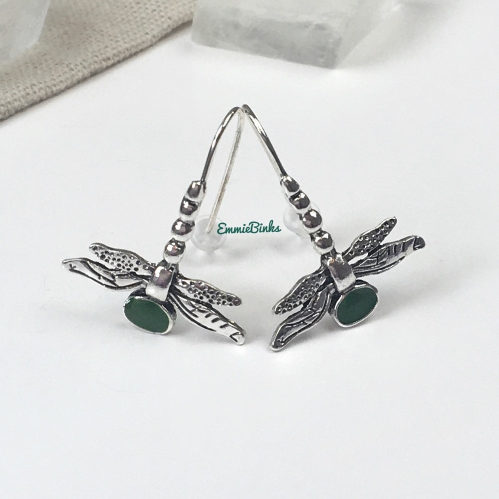 ✨3/$38 New Antique Silver & Green Dragonfly Drop Dangle Earrings - Free People - Picture 3 of 10